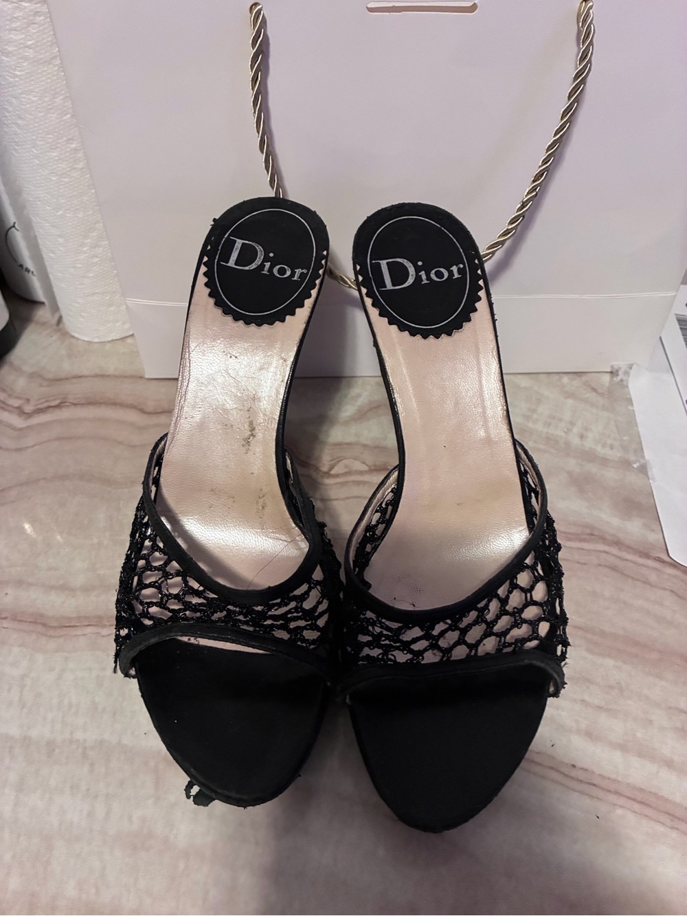 Vintage Dior Black Mesh Open-Toe Slide Stilettos